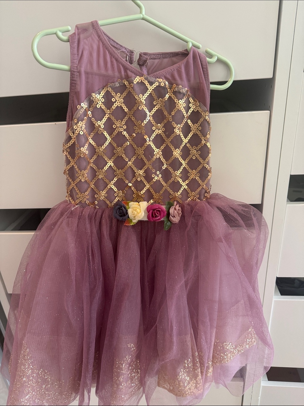 Weissman Mauve Tulle Dress with Gold Sequin Bodice